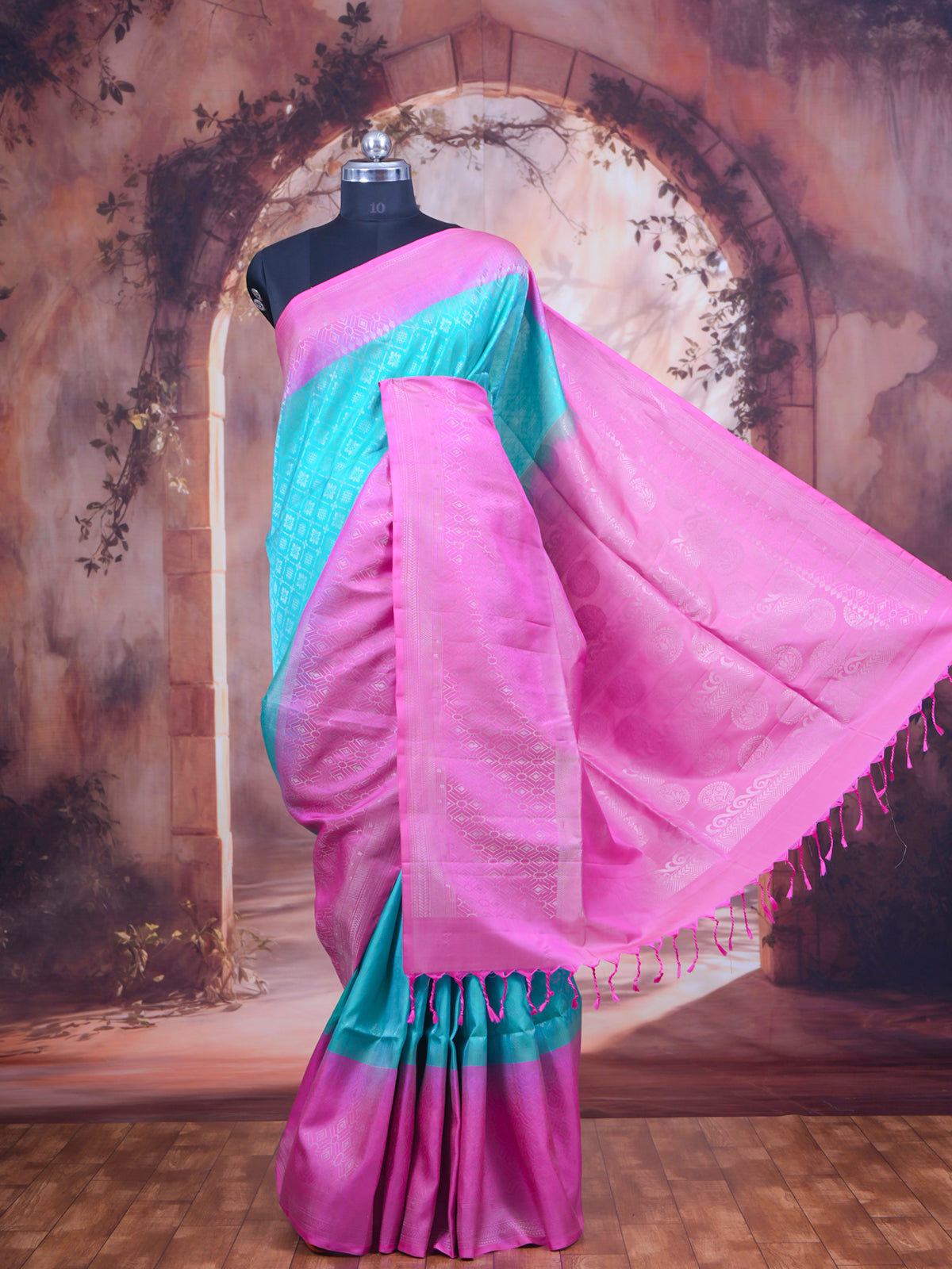 Aqua Blue and Pink Pure Soft Silk Saree