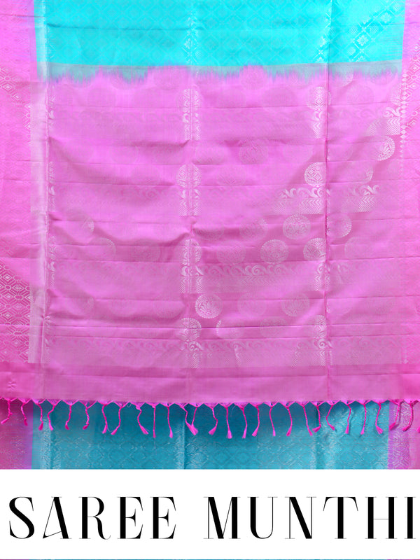 Aqua Blue and Pink Pure Soft Silk Saree