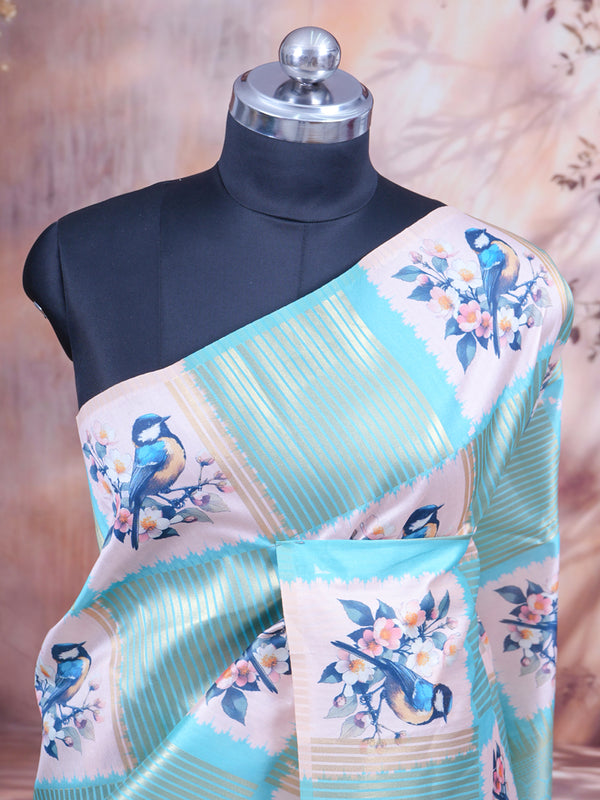 The "Cyan Horizon  blue and pastel cream " Bird Motif  Semi-Tussar Saree