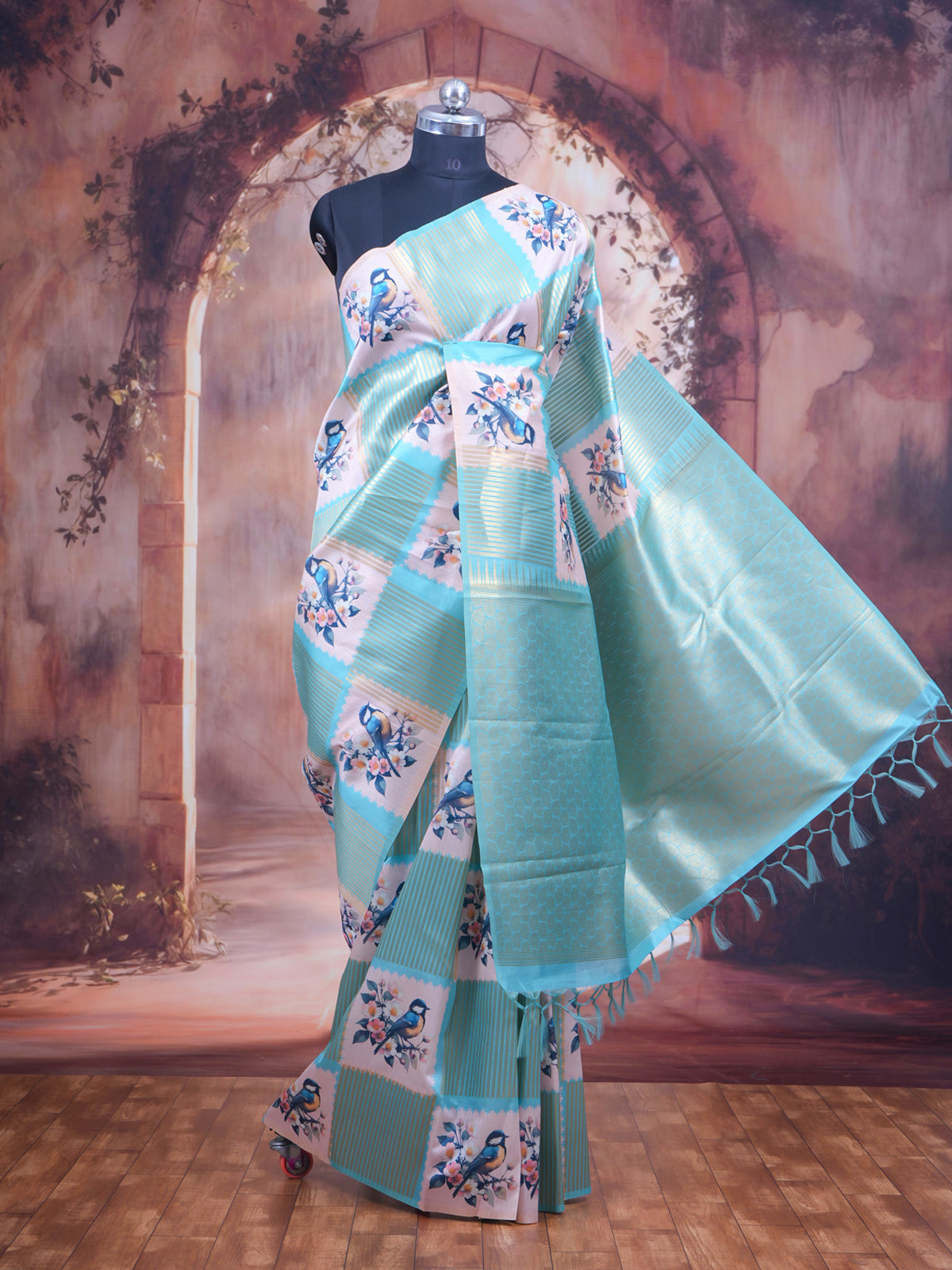 The "Cyan Horizon  blue and pastel cream " Bird Motif  Semi-Tussar Saree