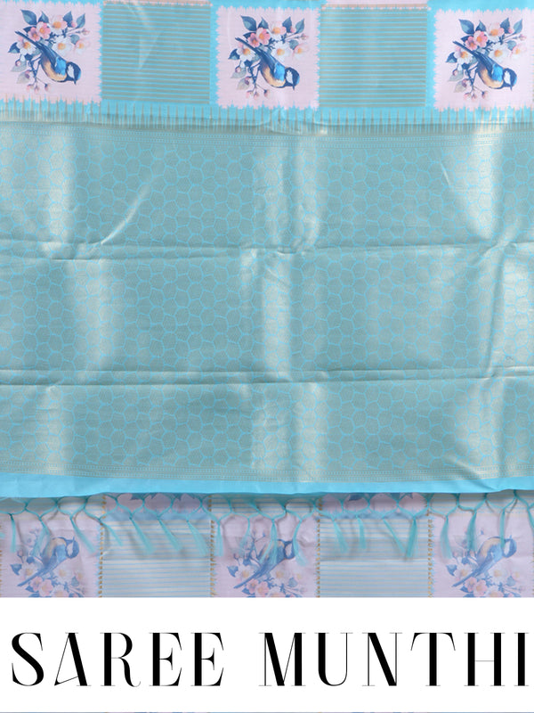 The "Cyan Horizon  blue and pastel cream " Bird Motif  Semi-Tussar Saree