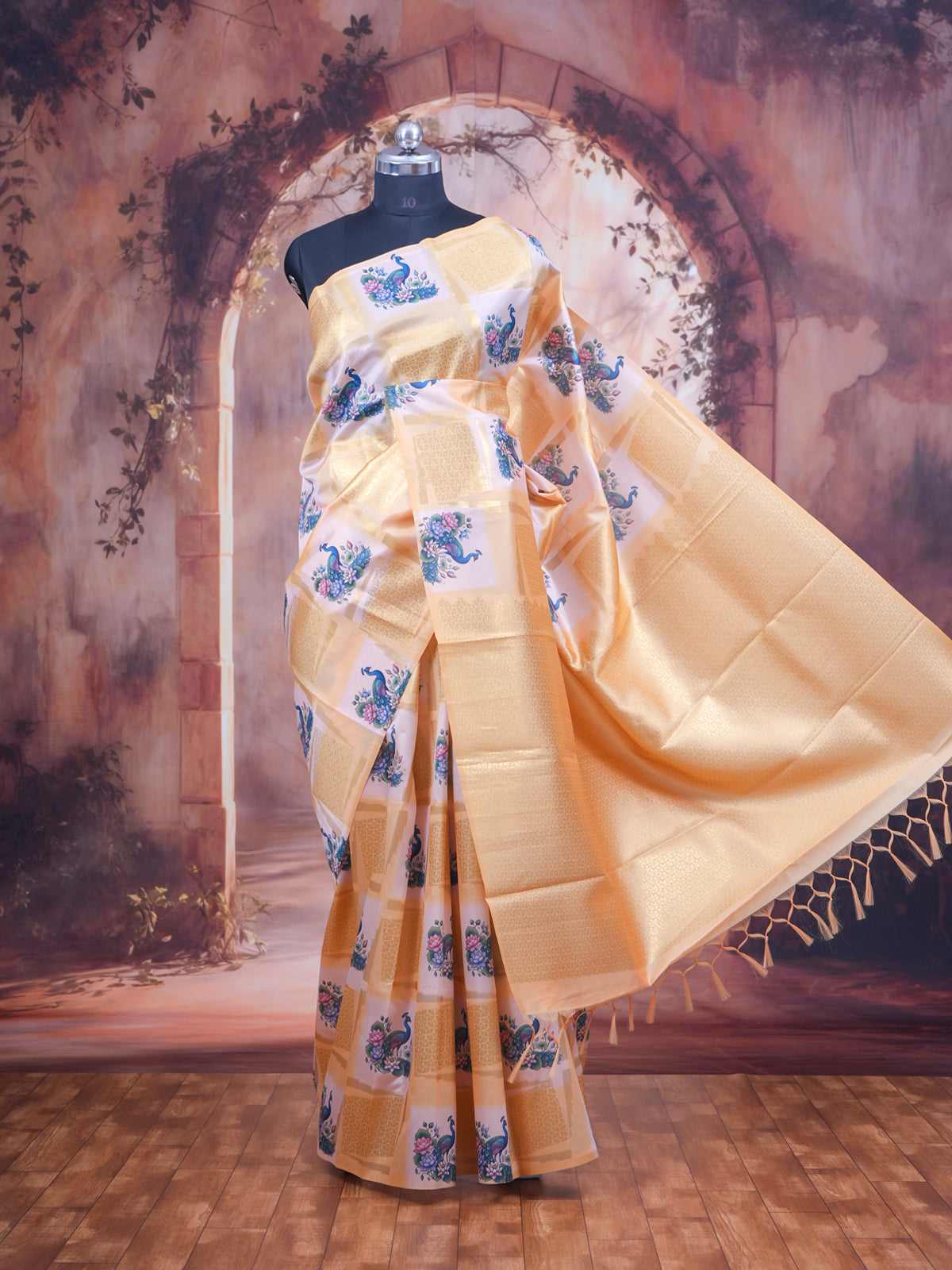 The Royal Peacock cream and pastel yellow Semi Tussar Saree