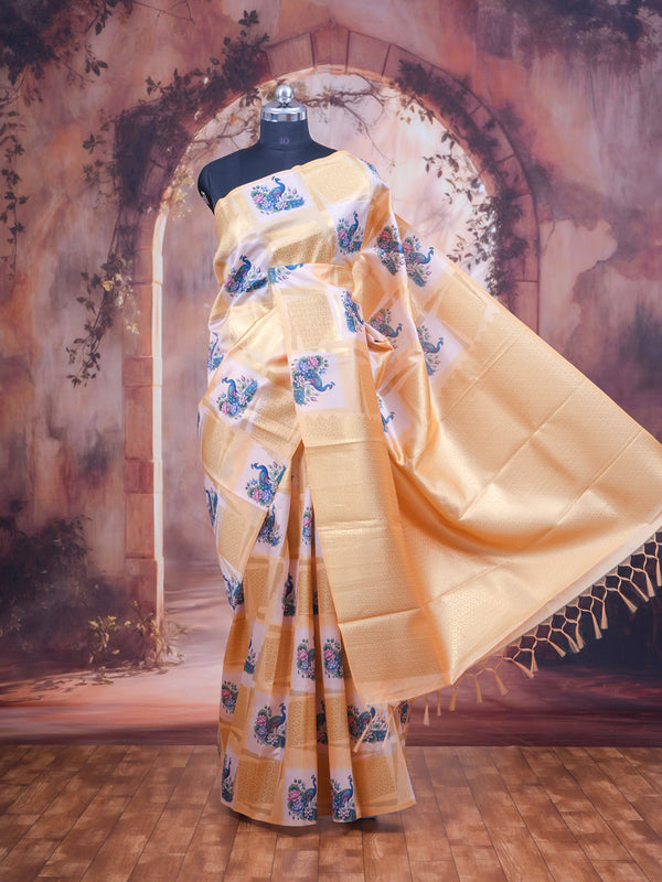 The Royal Peacock cream and pastel yellow Semi Tussar Saree
