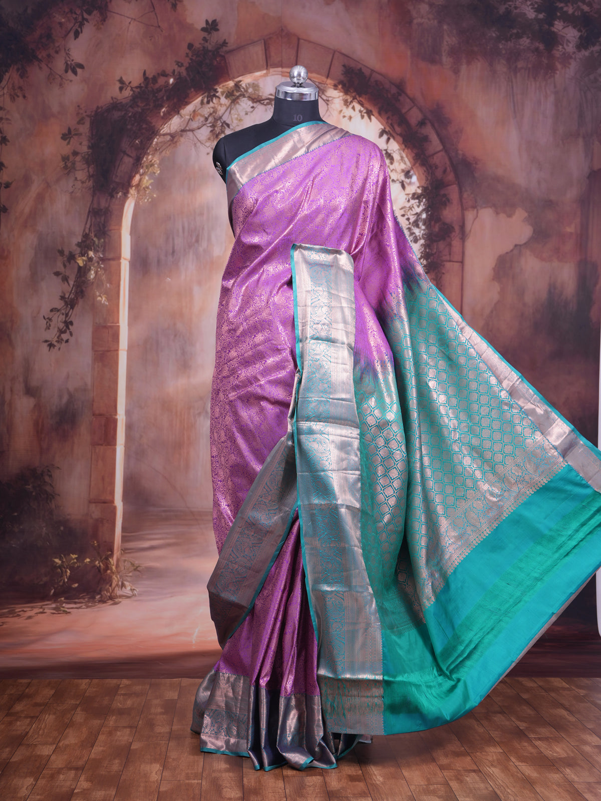 Lavender Orchid and Seafoam Green Kanchipuram Pure Mix Saree