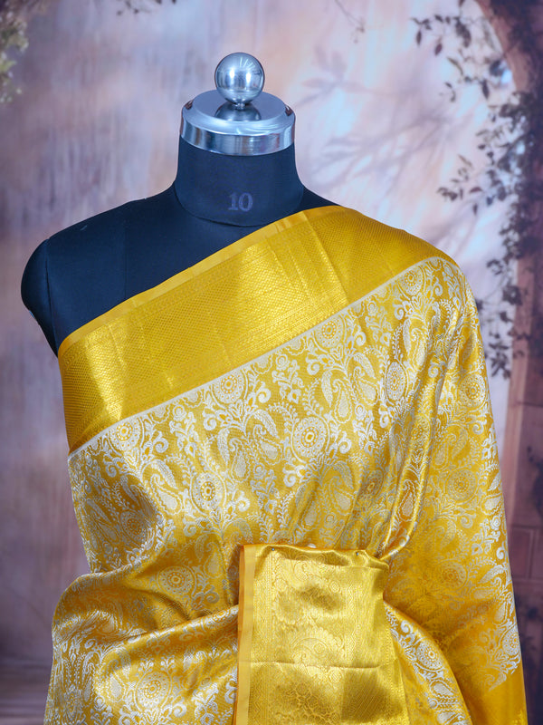 Radiant Mustard Yellow and Off-White Pure Kanjivaram Silk Saree