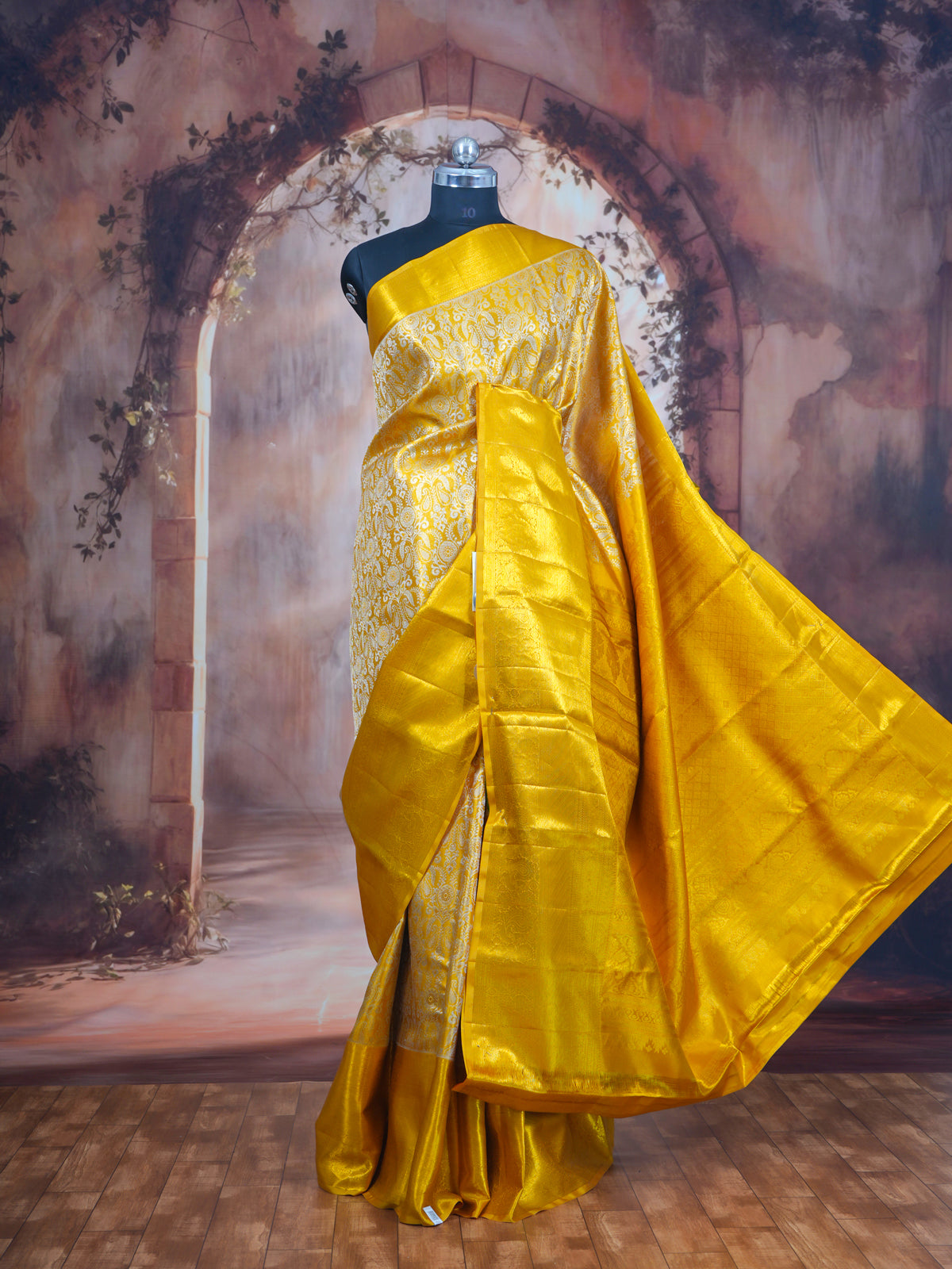 Radiant Mustard Yellow and Off-White Pure Kanjivaram Silk Saree
