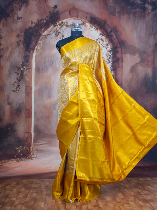 Radiant Mustard Yellow and Off-White Pure Kanjivaram Silk Saree