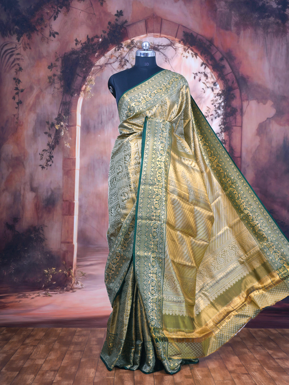 Golden Zari and Emerald Green Kanchipuram Pure Mix Saree