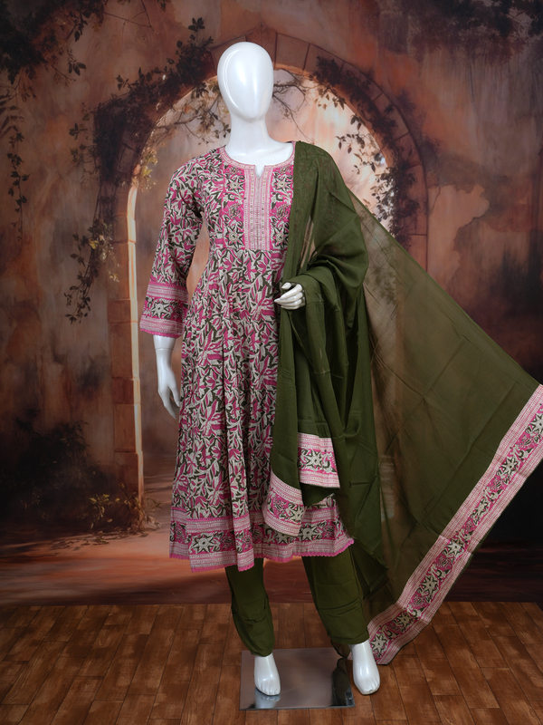 Olive Green with Pink Dupatta Anarkali Kurti Set
