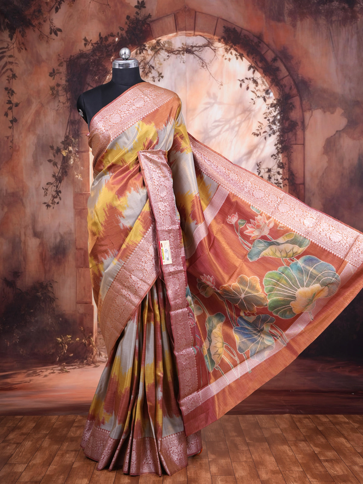 Mustard Yellow and Grey Ikat Saree with Copper-Rose Kanchipuram Pure Mix Saree