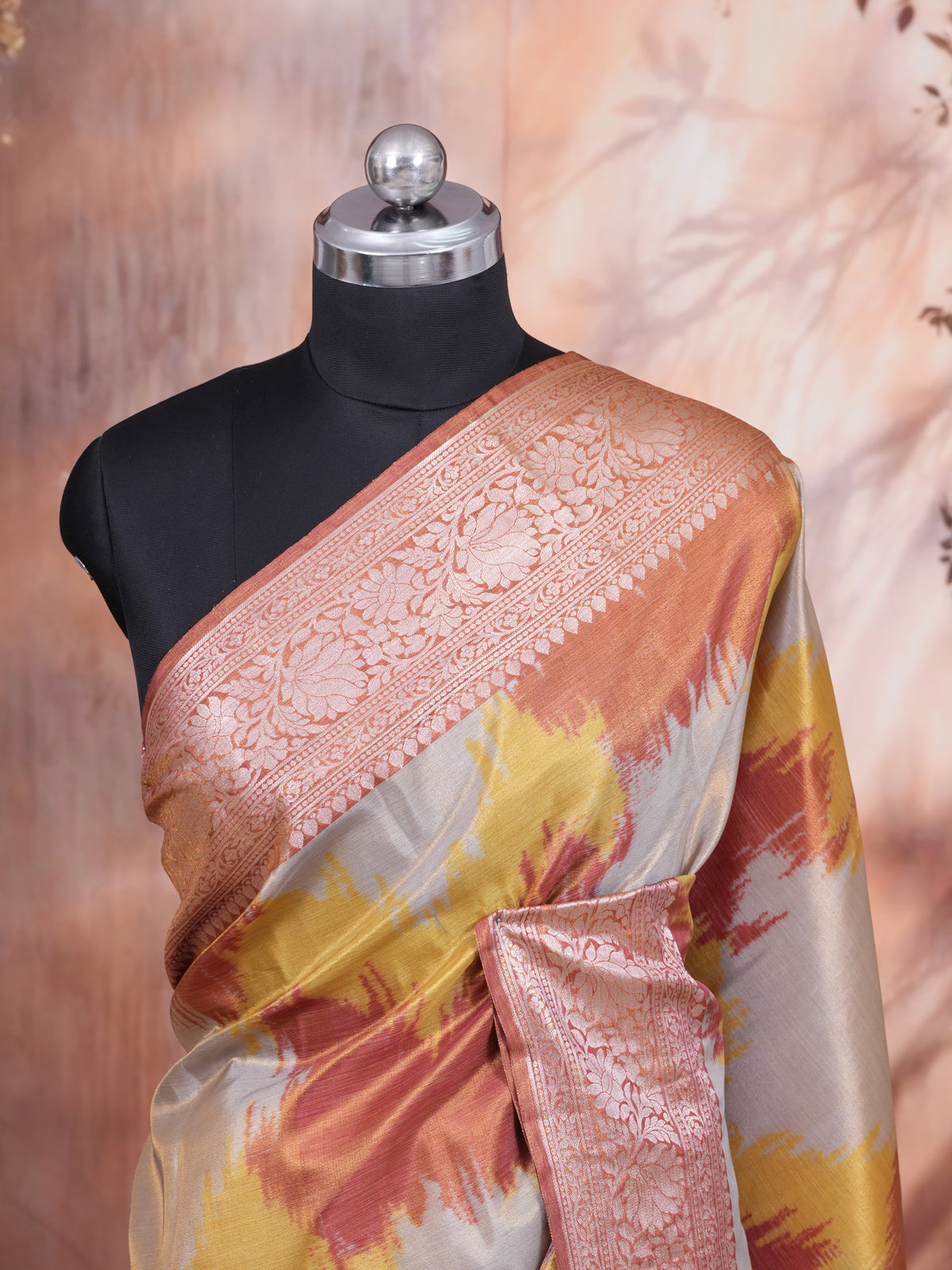 Mustard Yellow and Grey Ikat Saree with Copper-Rose Kanchipuram Pure Mix Saree