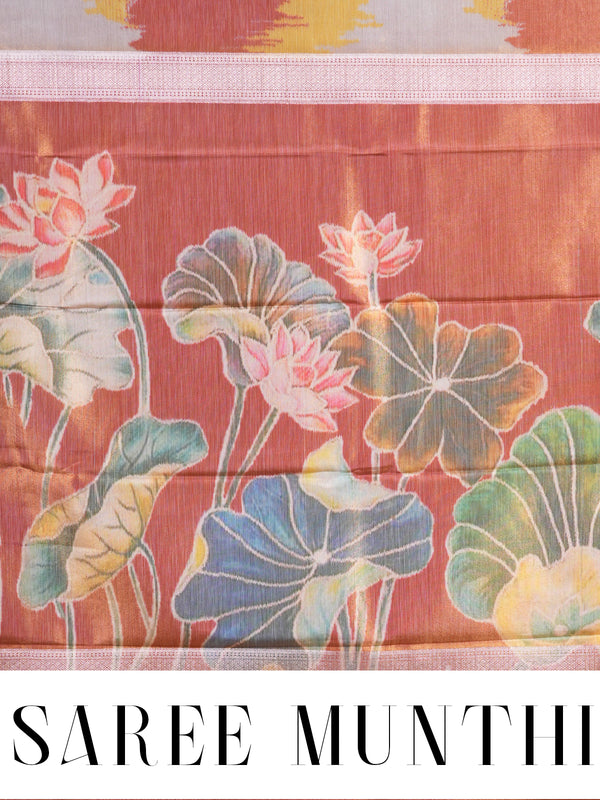 Mustard Yellow and Grey Ikat Saree with Copper-Rose Kanchipuram Pure Mix Saree
