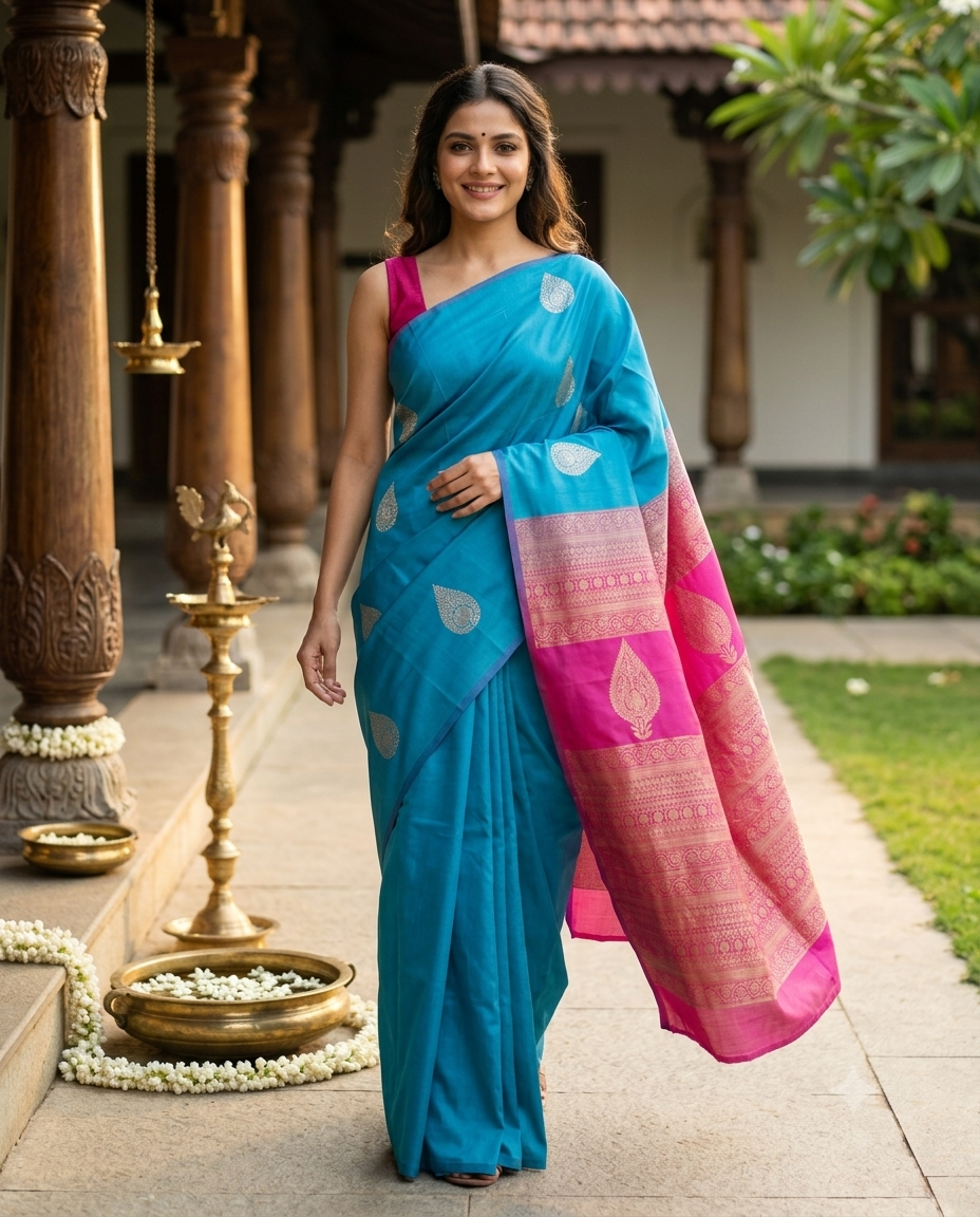 Sky Blue with Magenta Pink Kanchi Semi Silk Saree
