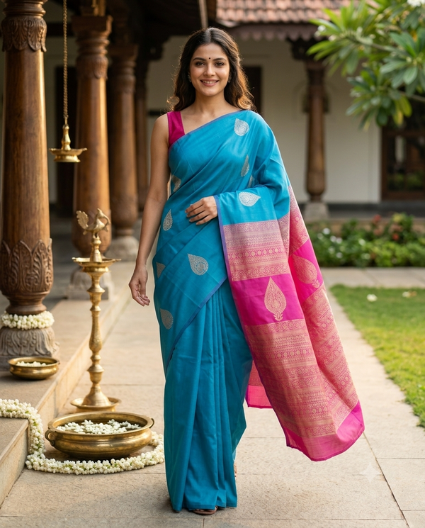 Sky Blue with Magenta Pink Semi Silk Saree