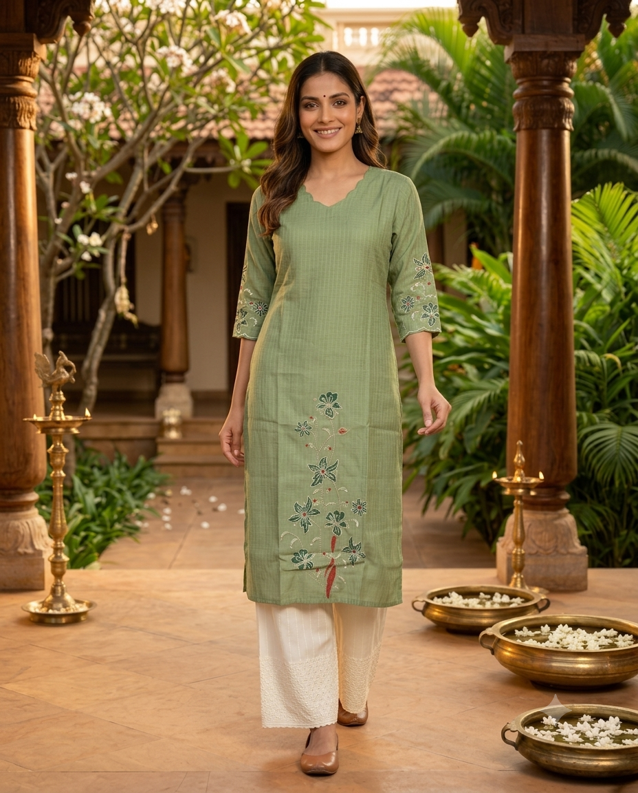 Sage Green Floral Embroidered Cotton Silk  Kurti  Top
