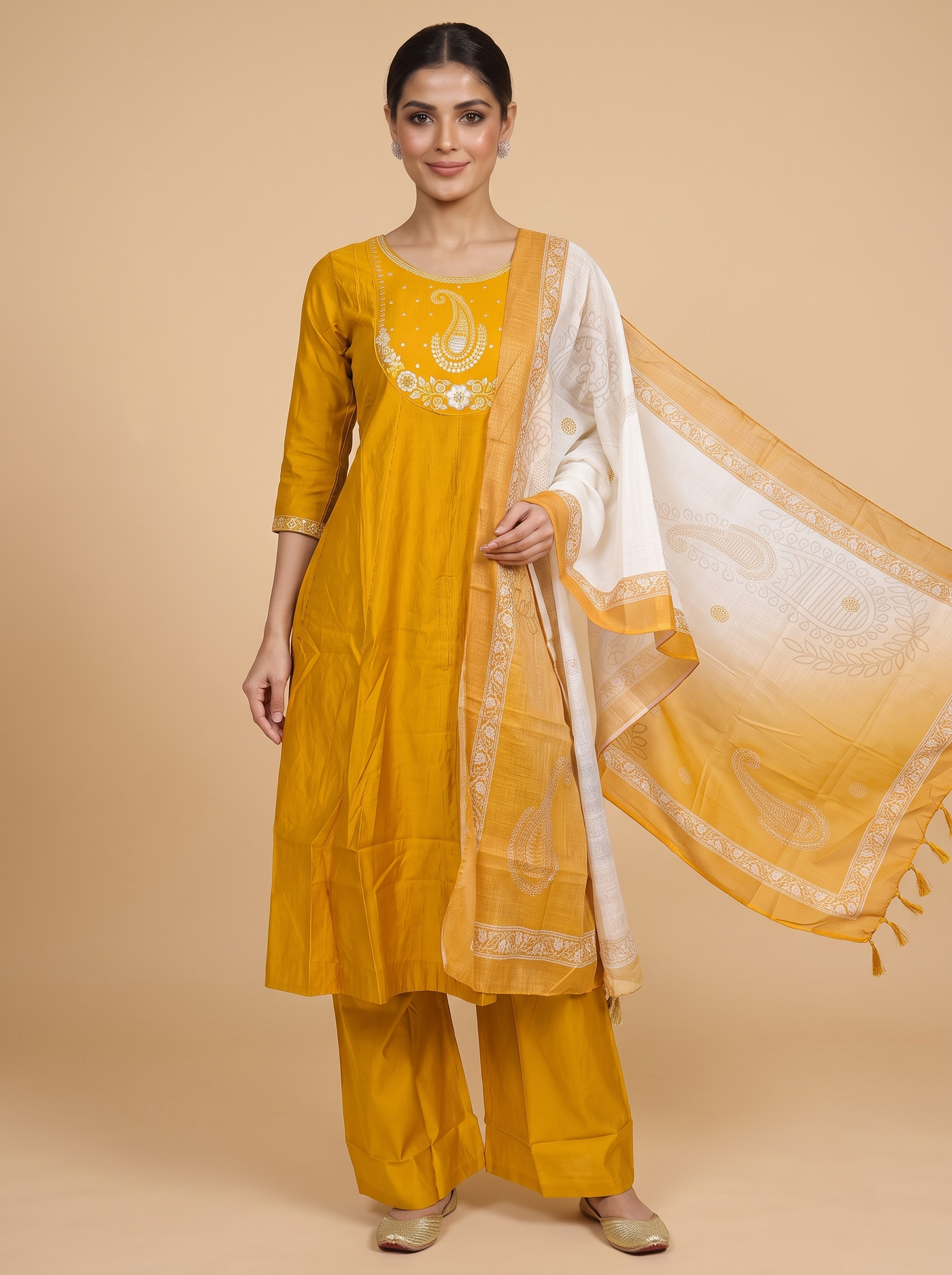Mustard Yellow with Cream Dupatta Ready Made Umbrella Kurti Set