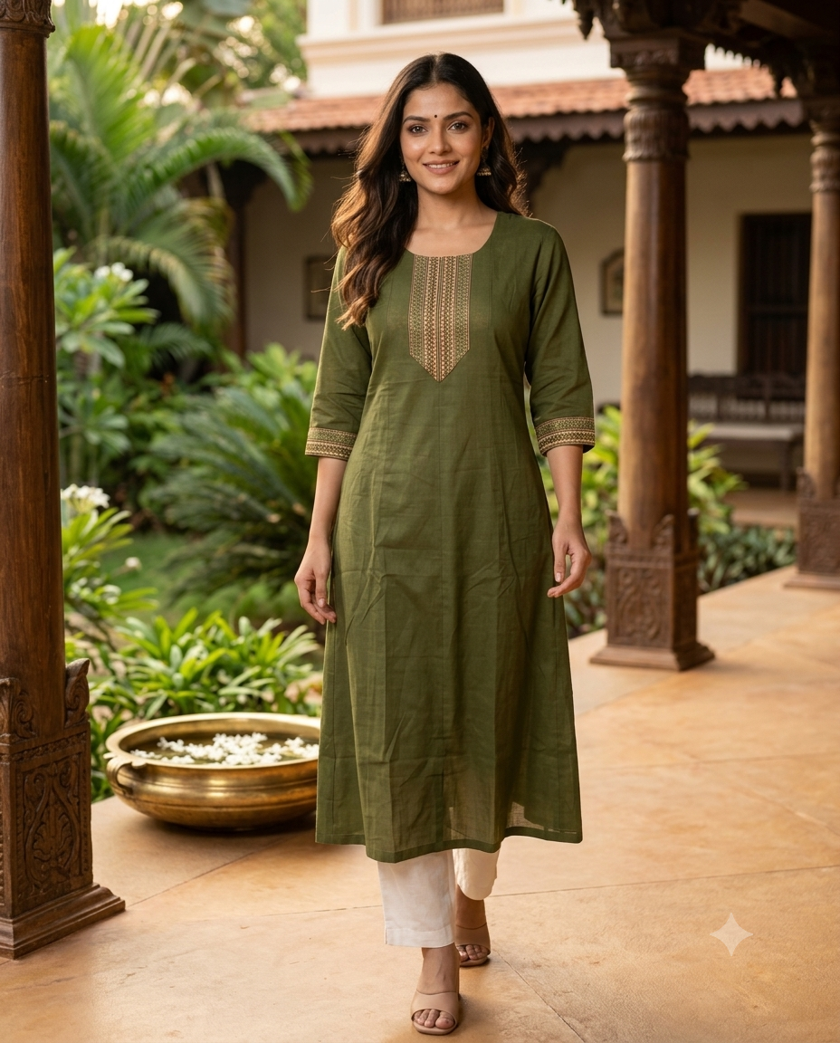 Mehendi Green Cotton Zari Embroidered Anarkali Top