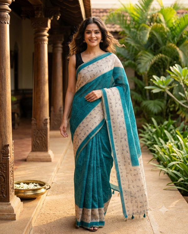 Teal and Cream Linen Cotton Saree