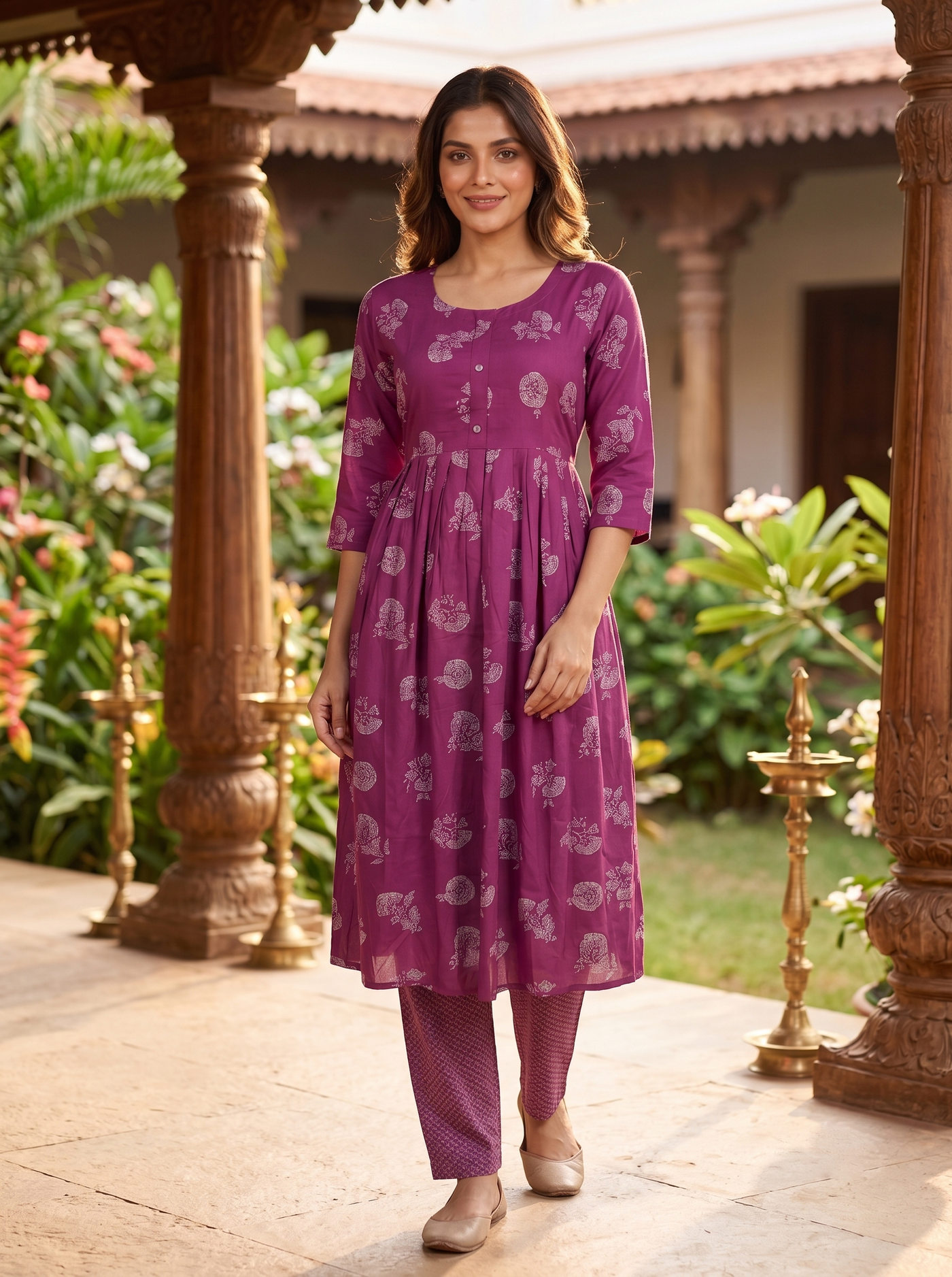 Magenta Printed Anarkali Kurti Set