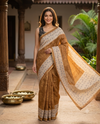 Mustard Brown and Cream Linen Cotton Saree