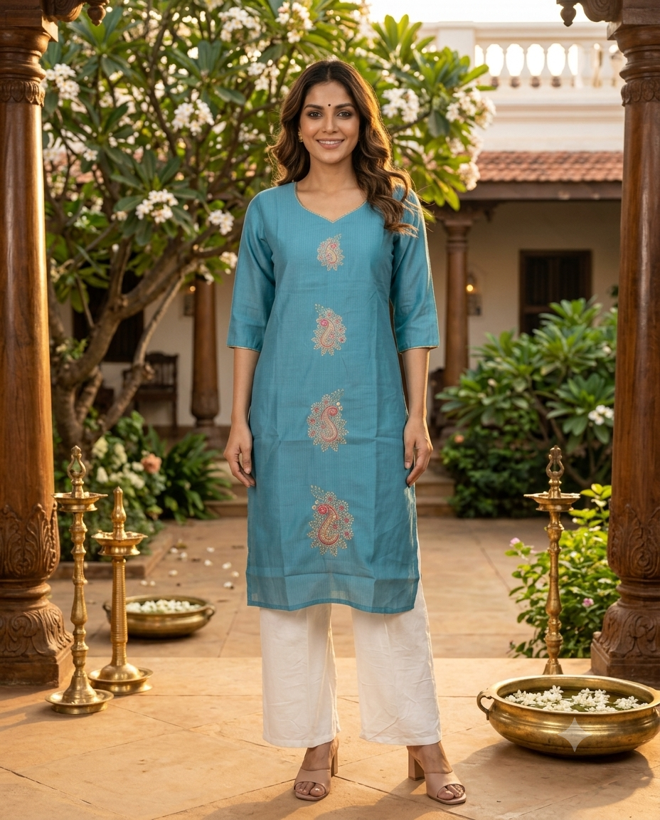 Teal Blue Paisley Embroidered Cotton Silk Straight Cut Top