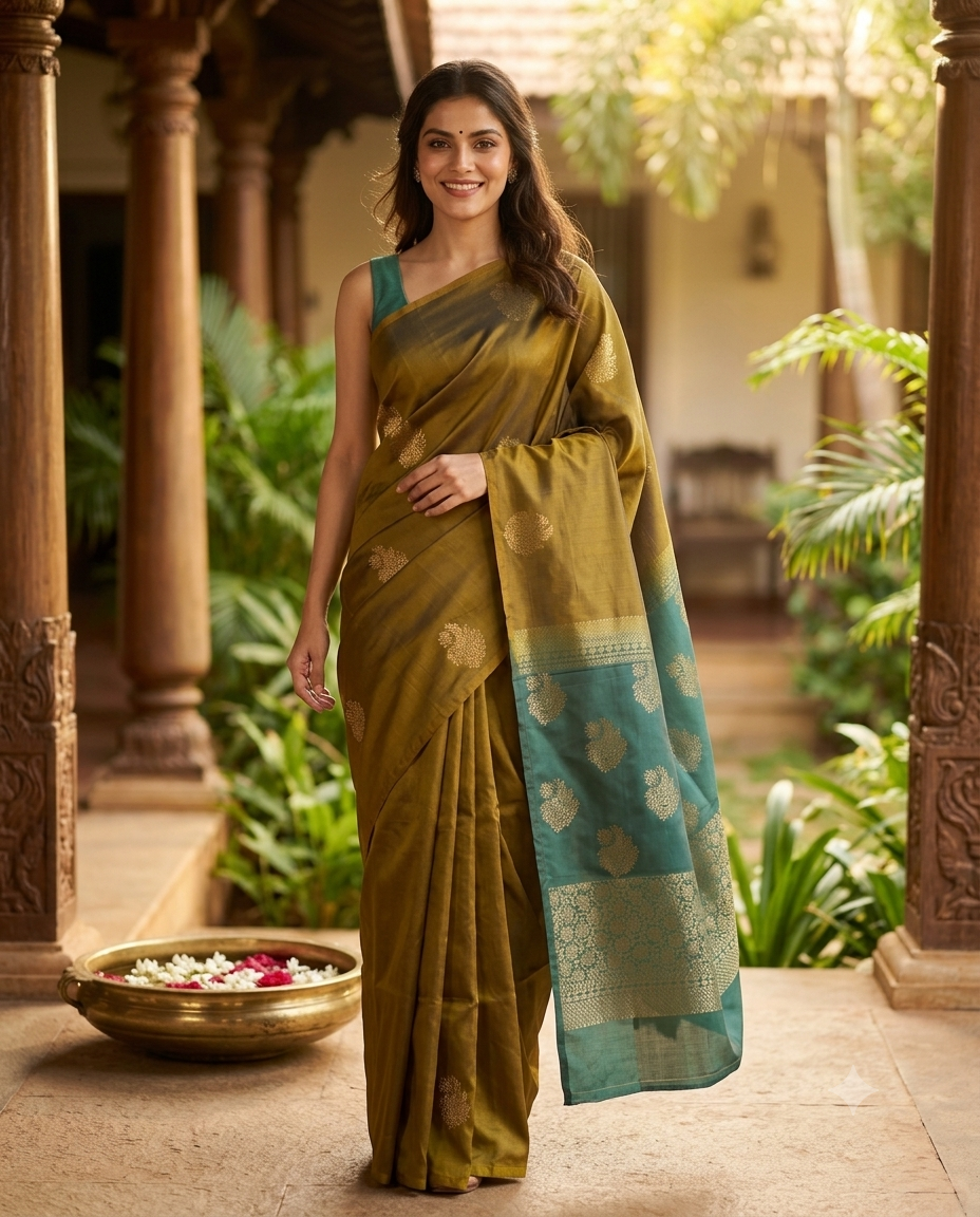 Olive Green with Teal Blue Pallu  Kanchi Semi Silk Saree