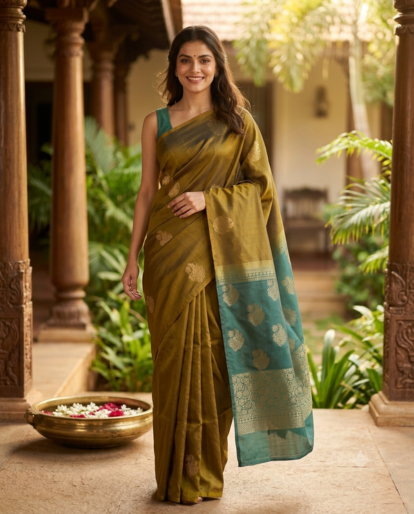 Olive Green with Teal Blue Pallu  Semi Silk Saree