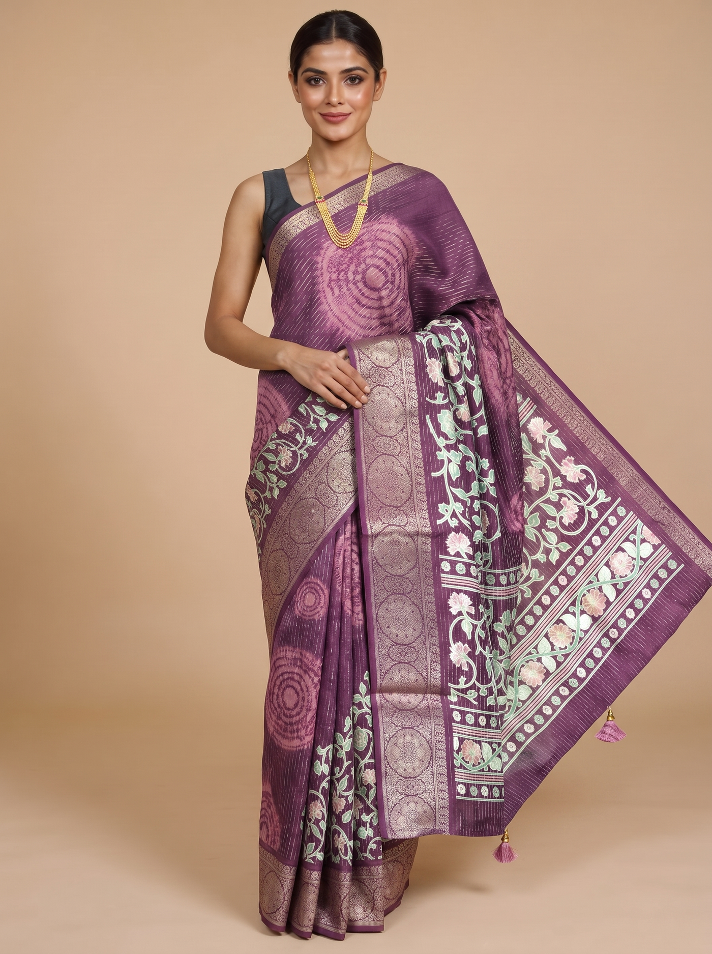 Elegant Deep Purple with Floral Pastel Munthi - Semi Raw Silk Saree
