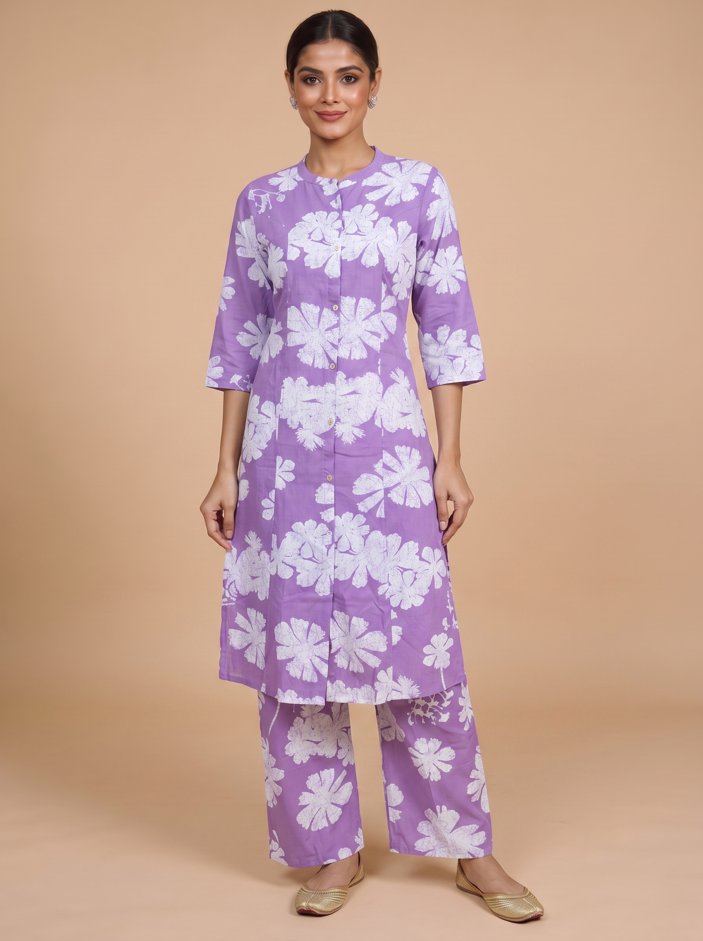 Lavender Floral Cotton  2 piece Kurti Set