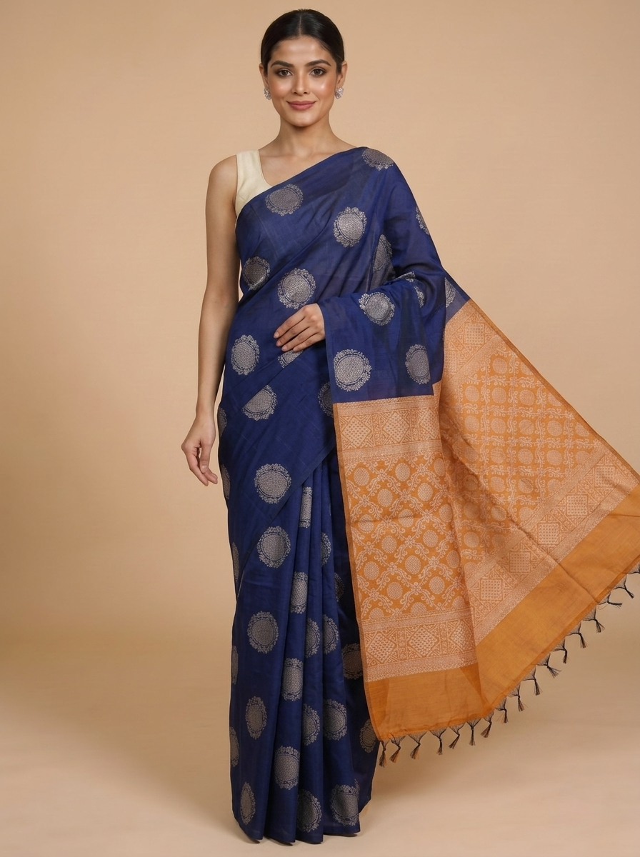 Navy Blue with Mustard Silk Cotton Saree