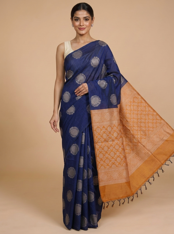 Navy Blue with Mustard Silk Cotton Saree