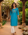 Teal Blue Peacock Embroidered Cotton Silk  Kurti Top