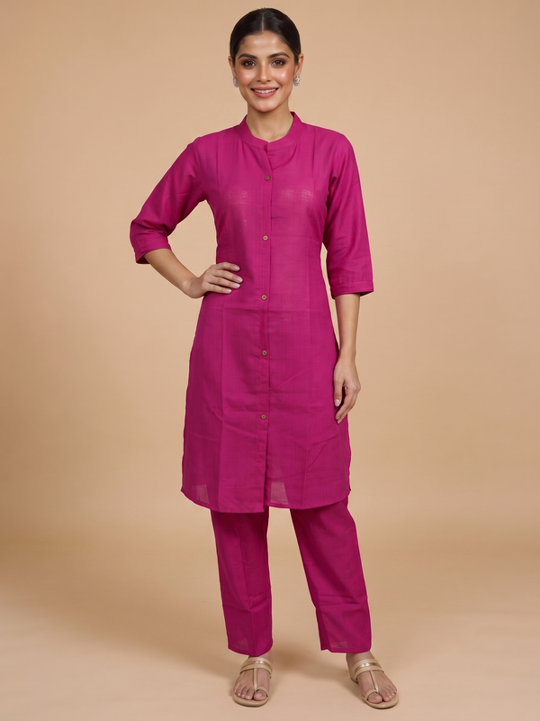 Magenta Pink Cotton Slub Kurti Set