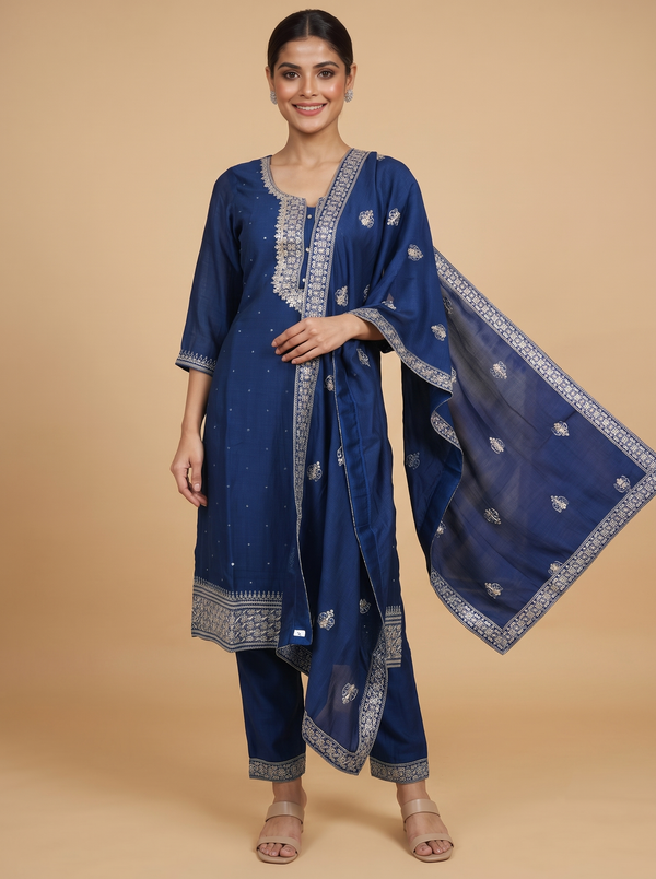 Navy Blue with Zari Dupatta Ready Made Kurti Set