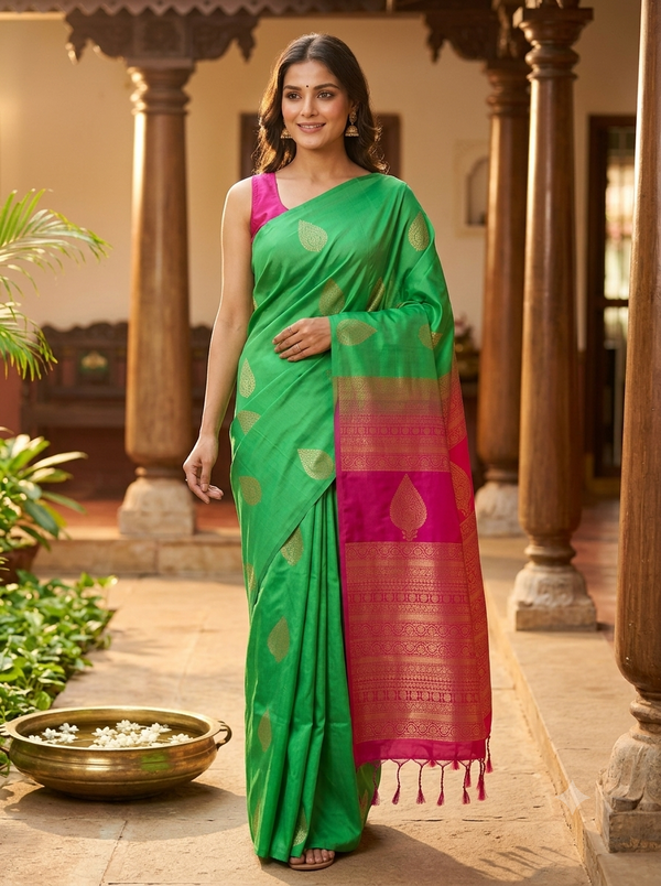 Green with Pink Semi Silk Saree