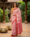 White with Red Pallu - Semi Tussar Saree