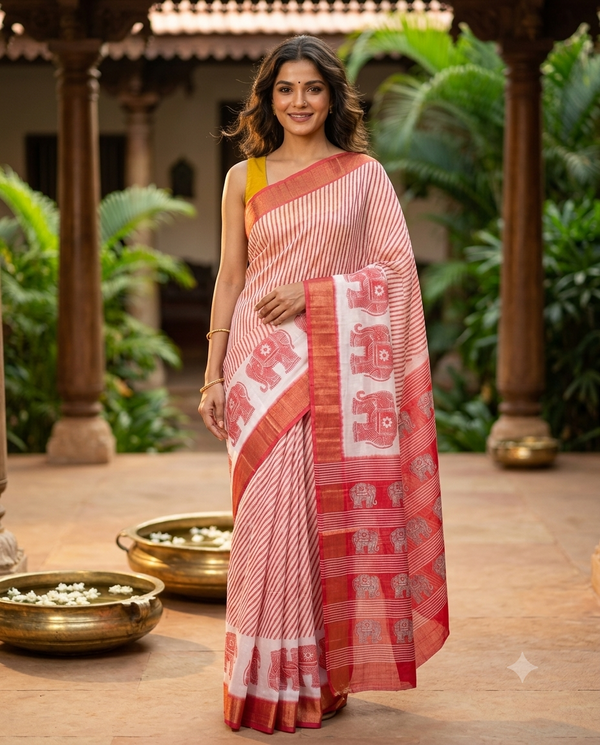 White with Red Pallu - Semi Tussar Saree