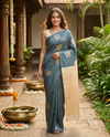 Slate Grey with Creamish Gold Kanchi Semi Silk Saree