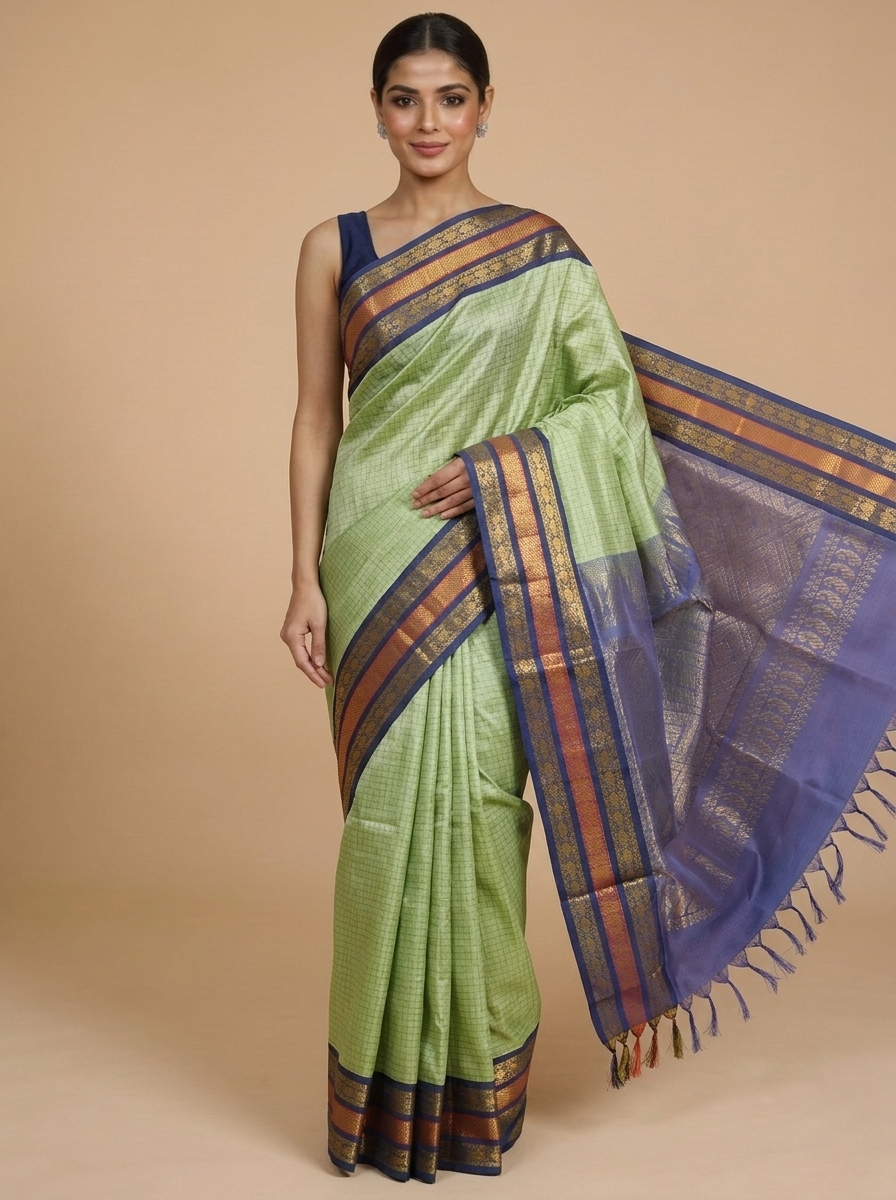 Elegant Pastel Green with Indigo Blue Zari Border Pure Silk Cotton Saree