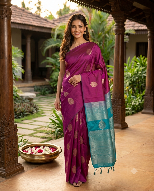 Magenta with Turquoise Blue - Semi Silk Saree