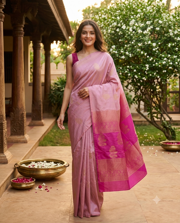Pink with Magenta  Semi Silk Saree