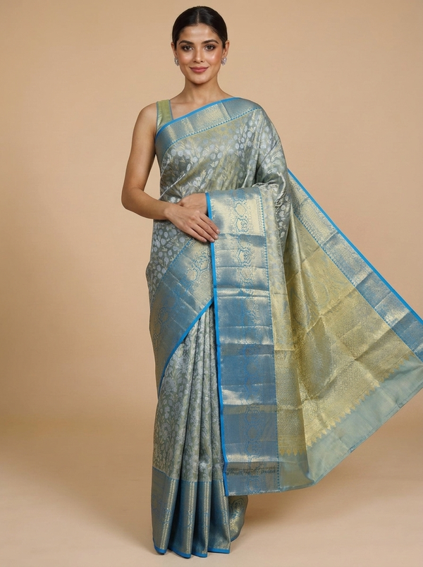 Luminous Olive Green and Electric Blue Pure Kanjivaram Silk Saree