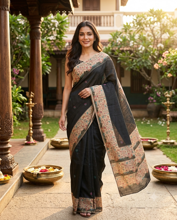 Black and Cream Linen Cotton Saree
