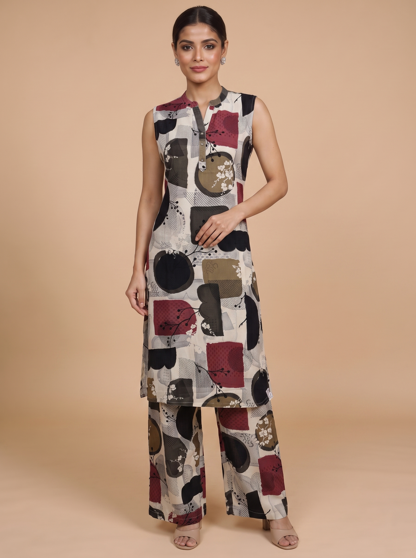 Cream Multicolor Abstract Print Co-ord Set with A-Line Cut
