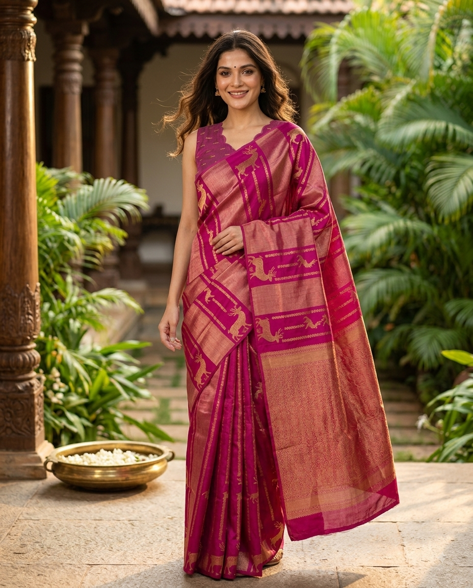 Magenta Pink and Gold Semi Raw Silk Saree