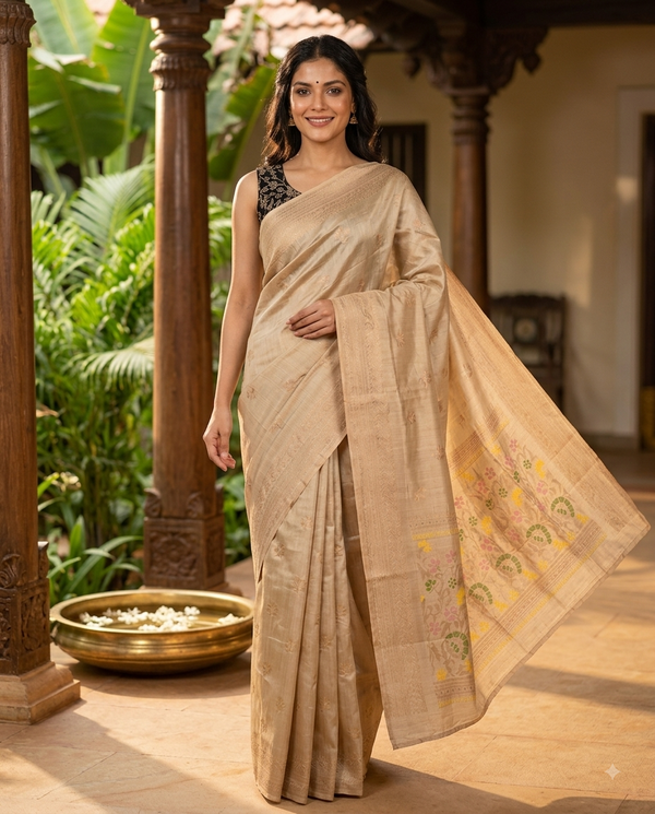 Beige and Copper Semi Raw Silk Saree