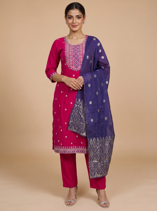 Rani Pink with Deep Purple Dupatta Straight Kurta Set