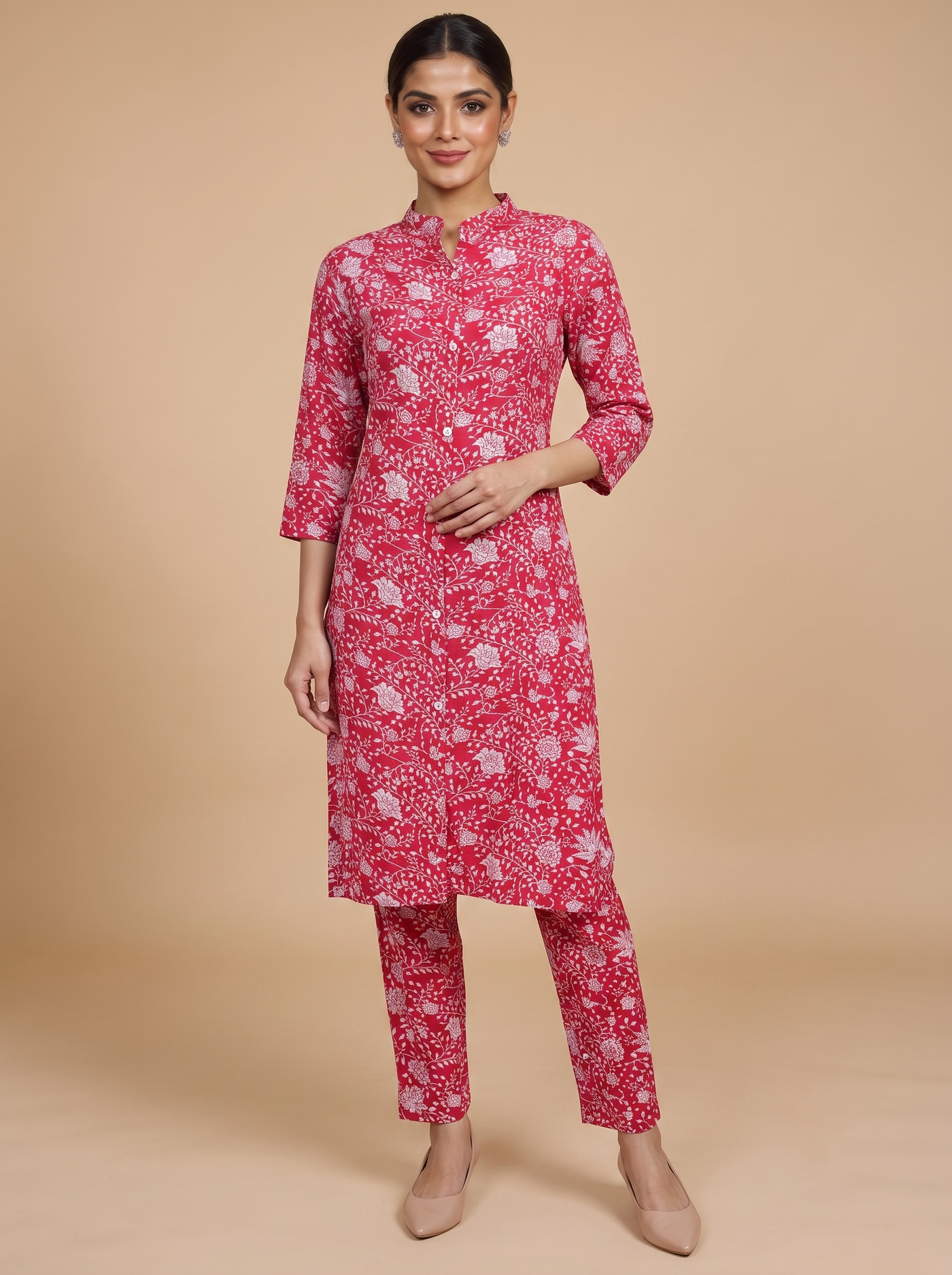 Red Floral Print Cotton 2 piece Kurti Set