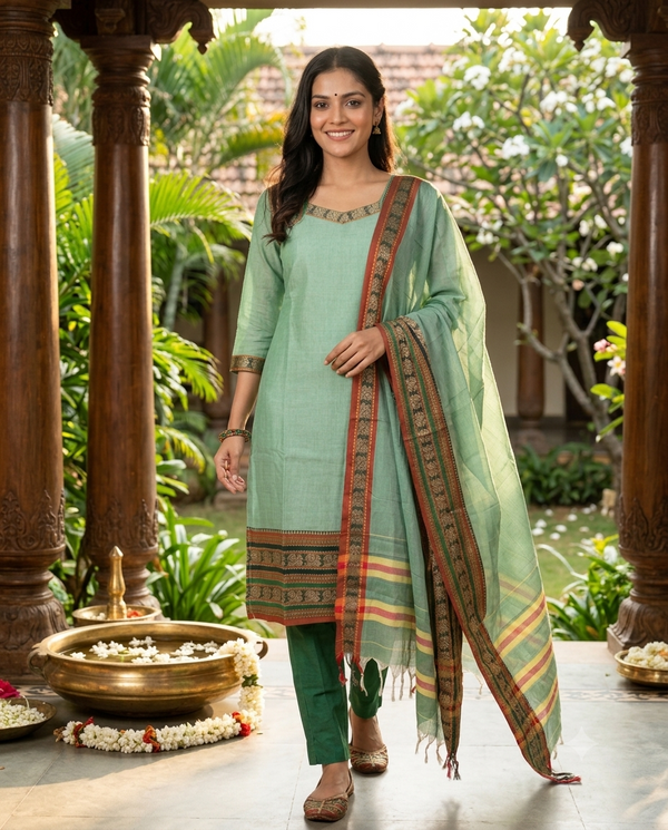 Sea Green Handloom Cehttinad Cotton Straight Cut Kurti Set