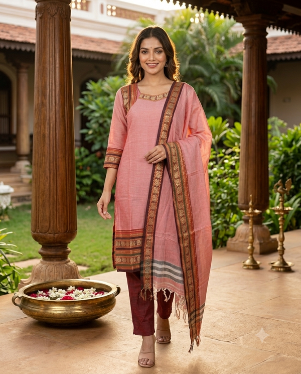 Rose Pink Handloom Chettinad Cotton Straight Cut Kurti Set